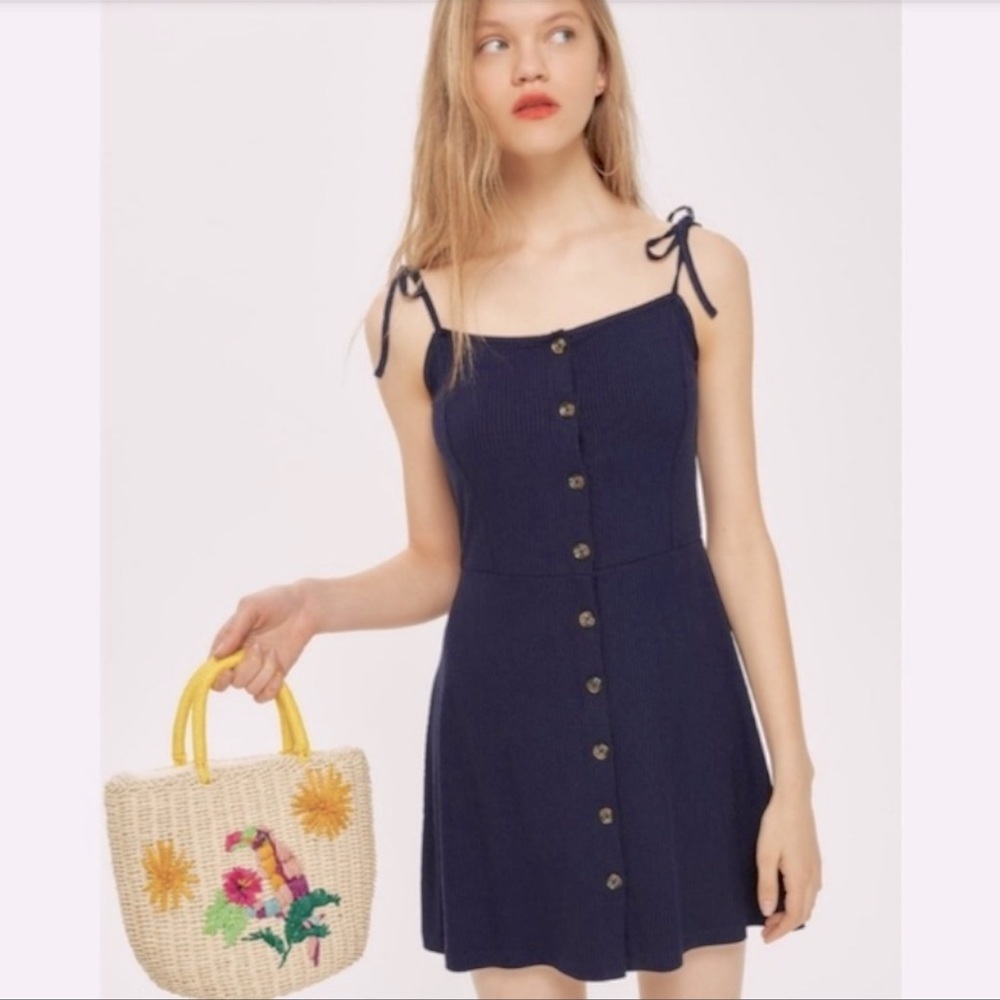 Topshop Button Down Rib Mini Dress in navy - size 4